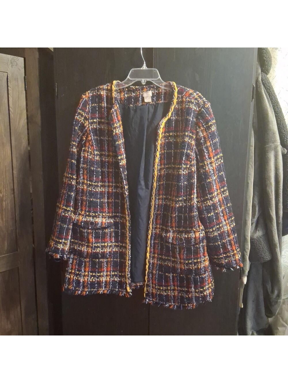 Chico's Navy Gold Plaid Tweed Chain Trim Open Front Topper Jacket Size 3